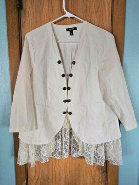 Torrid Lace Peplum Twill Jacket Size 0 Open Front with Button Accents